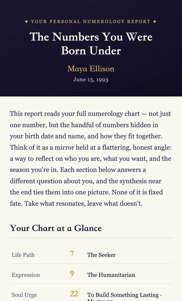 Page one of a sample personalized numerology report on a phone — cover and chart at a glance